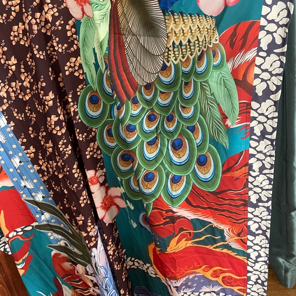 Green Floral & Dragon Print Satin Maxi Kimono Dress - Picture 6 of 7